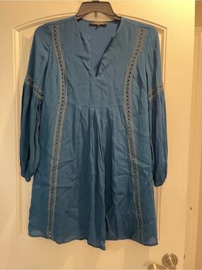 Sugar Lips Boho Peasant Shift Dress  Size Small Blue Long Sleeve Gold Accents